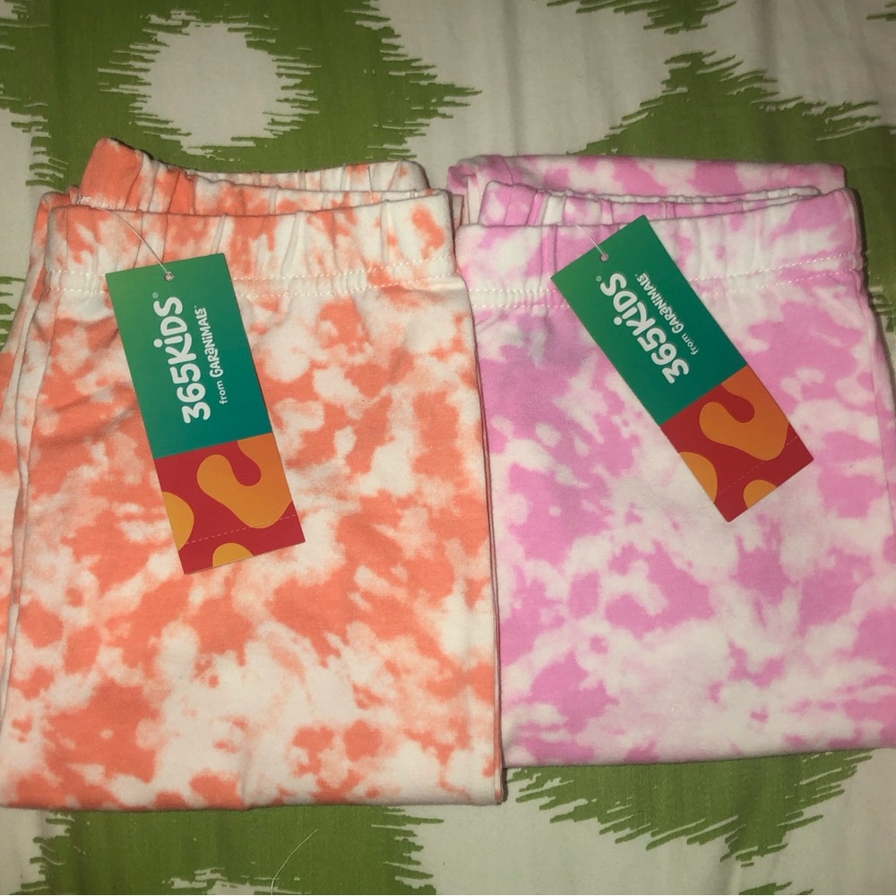 NEW 2pk Girls 8 Medium Crop Capri Pants Stretch Leggings Tie Dye Pink Orange Bow